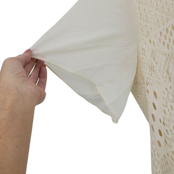 Womens Cream Lace Crochet Patchwork Tunic Dress Sz M Handkerchief Boho Bridal - Picture 5 of 11